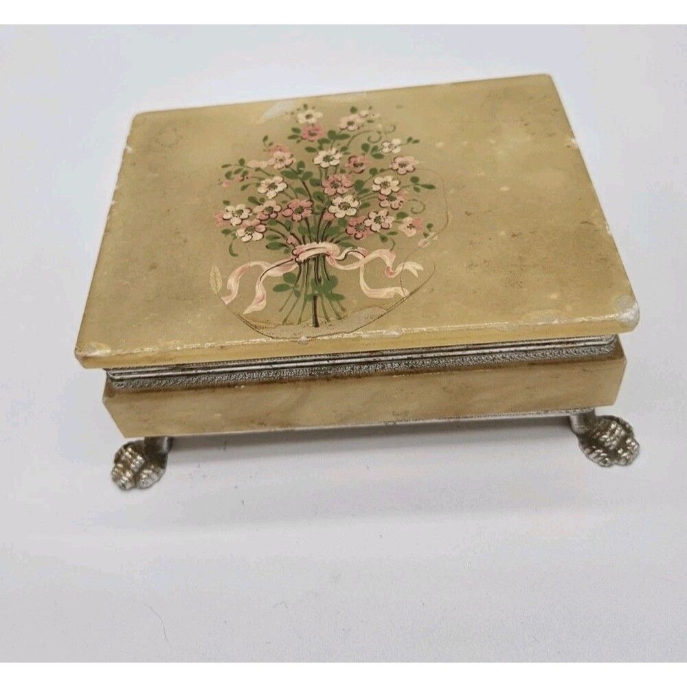 Vintage Genuine Alabaster Trinket Box Hinged Lid Made In Italy Floral